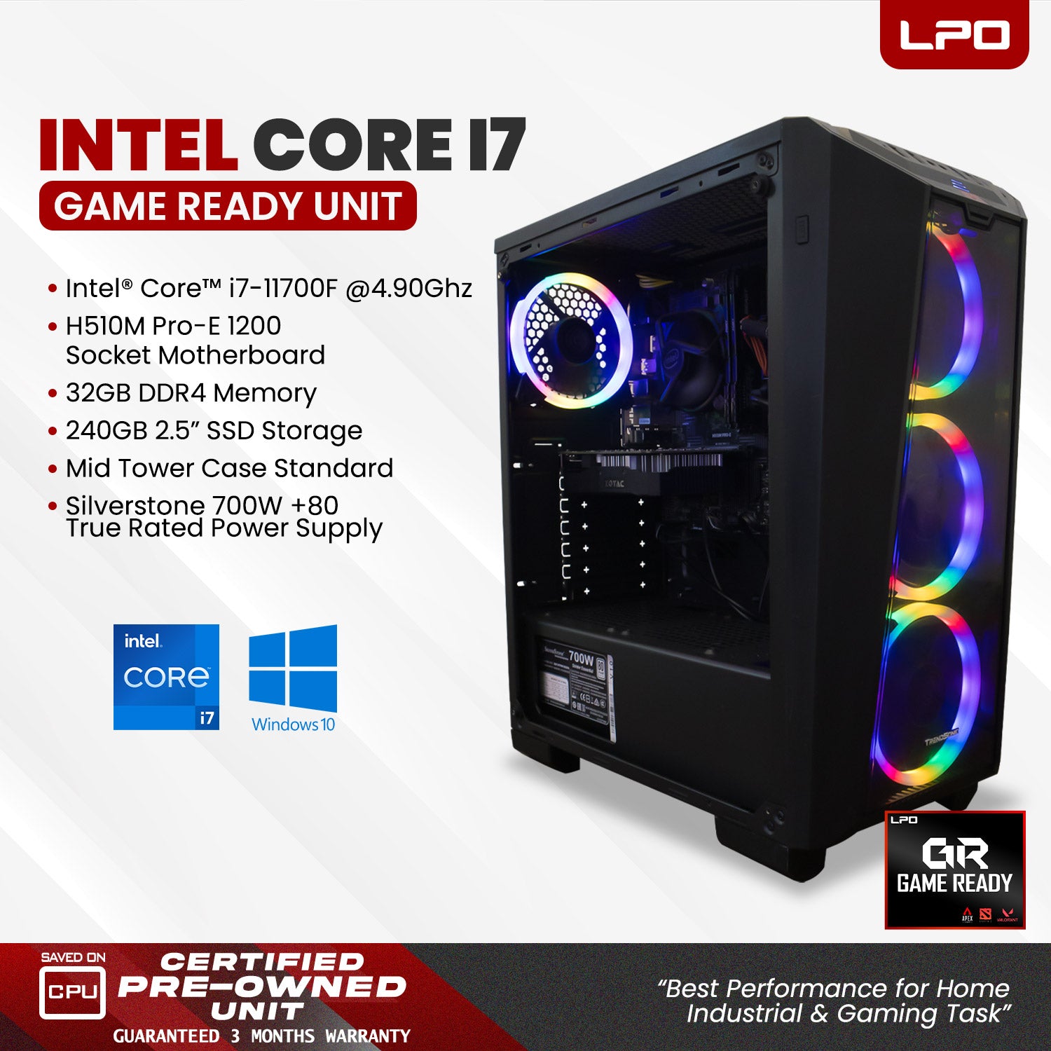 Gaming Unit Intel Core i7-11700F 4.90Ghz H510M Pro-E 1200 Socket Motherboard 32GB DDR4 240GB 2.5