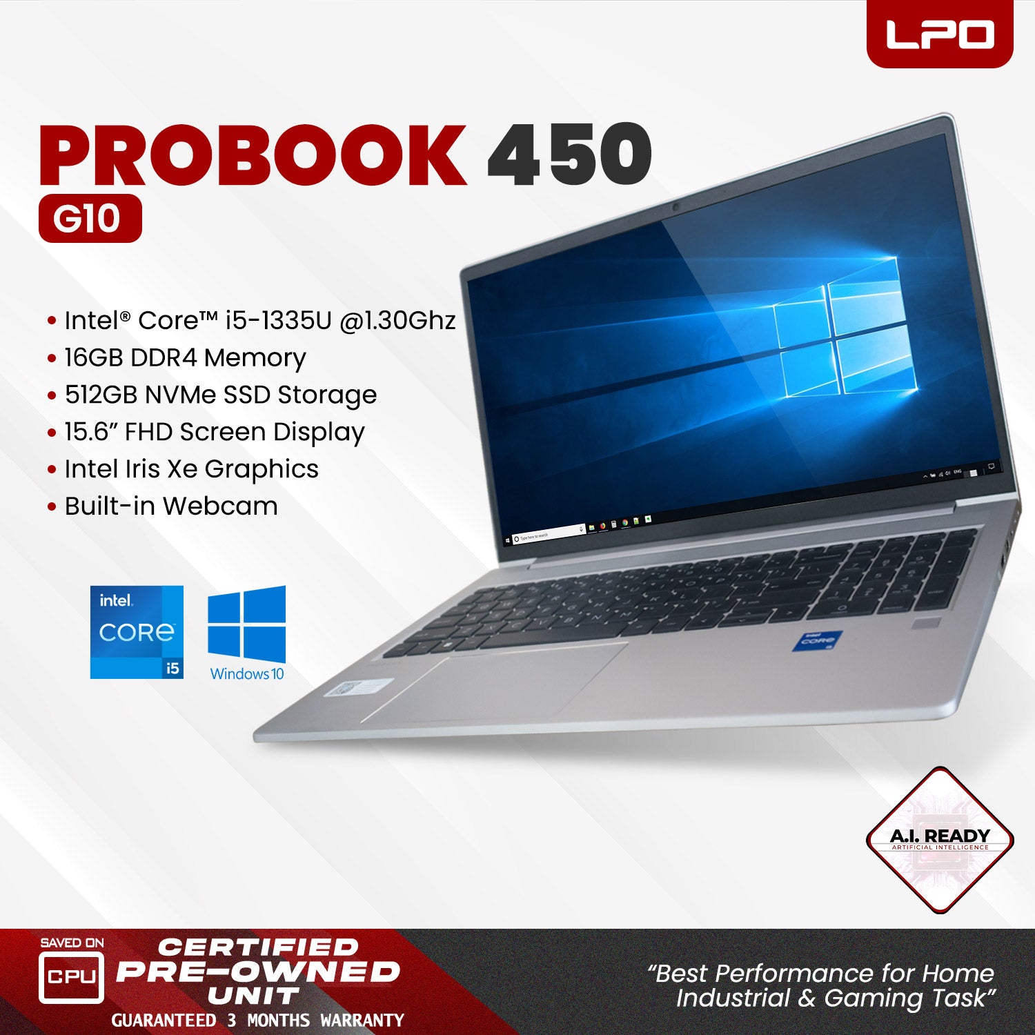 Laptop HP Probook 450 G10 Intel Core i5-1335U 1.30Ghz 16GB DDR4 512GB NVMe SSD Intel Iris Xe 15.6
