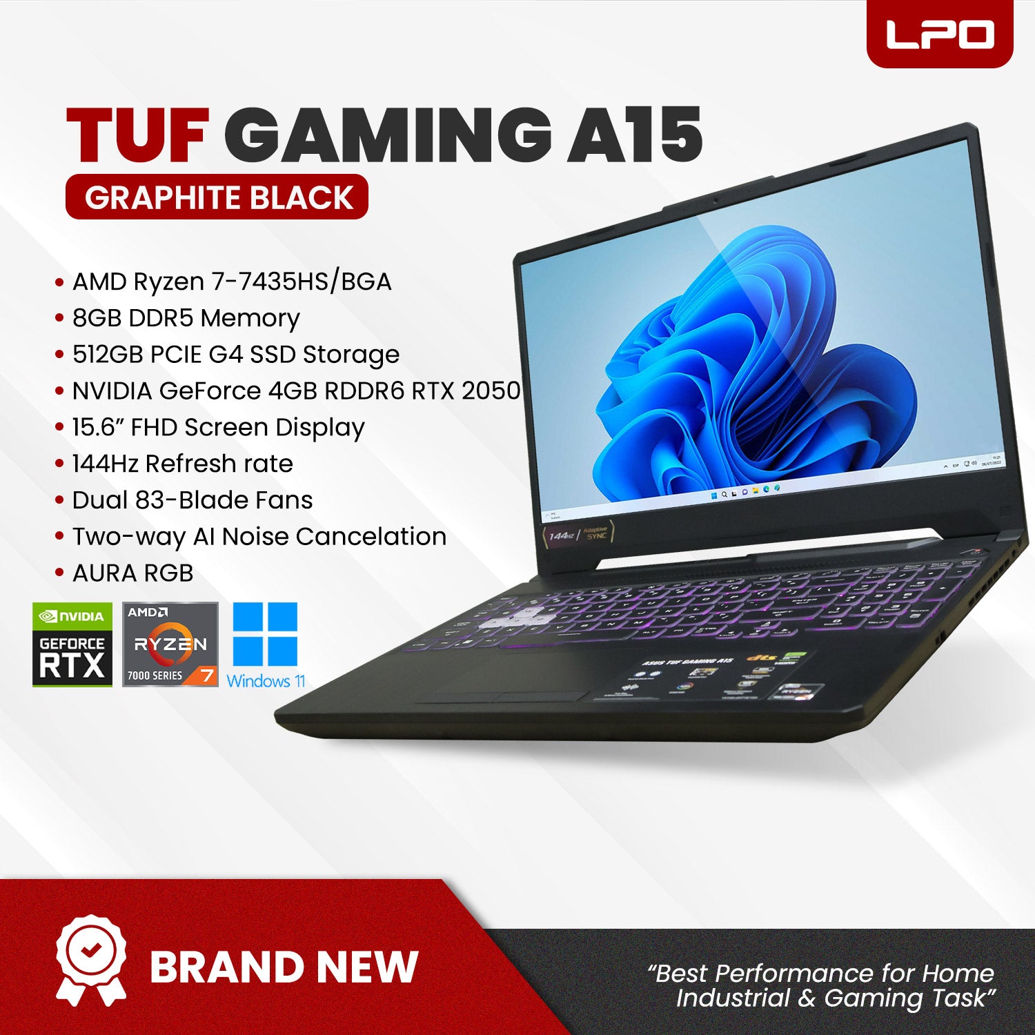 Laptop Asus TUF Gaming A15 AMD Ryzen 7-7435HS/BGA 8GB DDR5 512GB PCIE G4 SSD NVIDIA GeForce 4GB RDDR6 RTX 2050 15.6