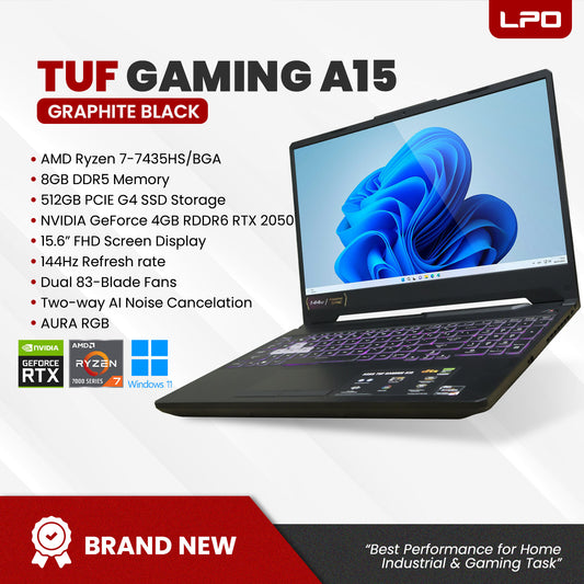 Laptop Asus TUF Gaming A15 AMD Ryzen 7-7435HS/BGA 8GB DDR5 512GB PCIE G4 SSD NVIDIA GeForce 4GB RDDR6 RTX 2050 15.6" FHD 144Hz