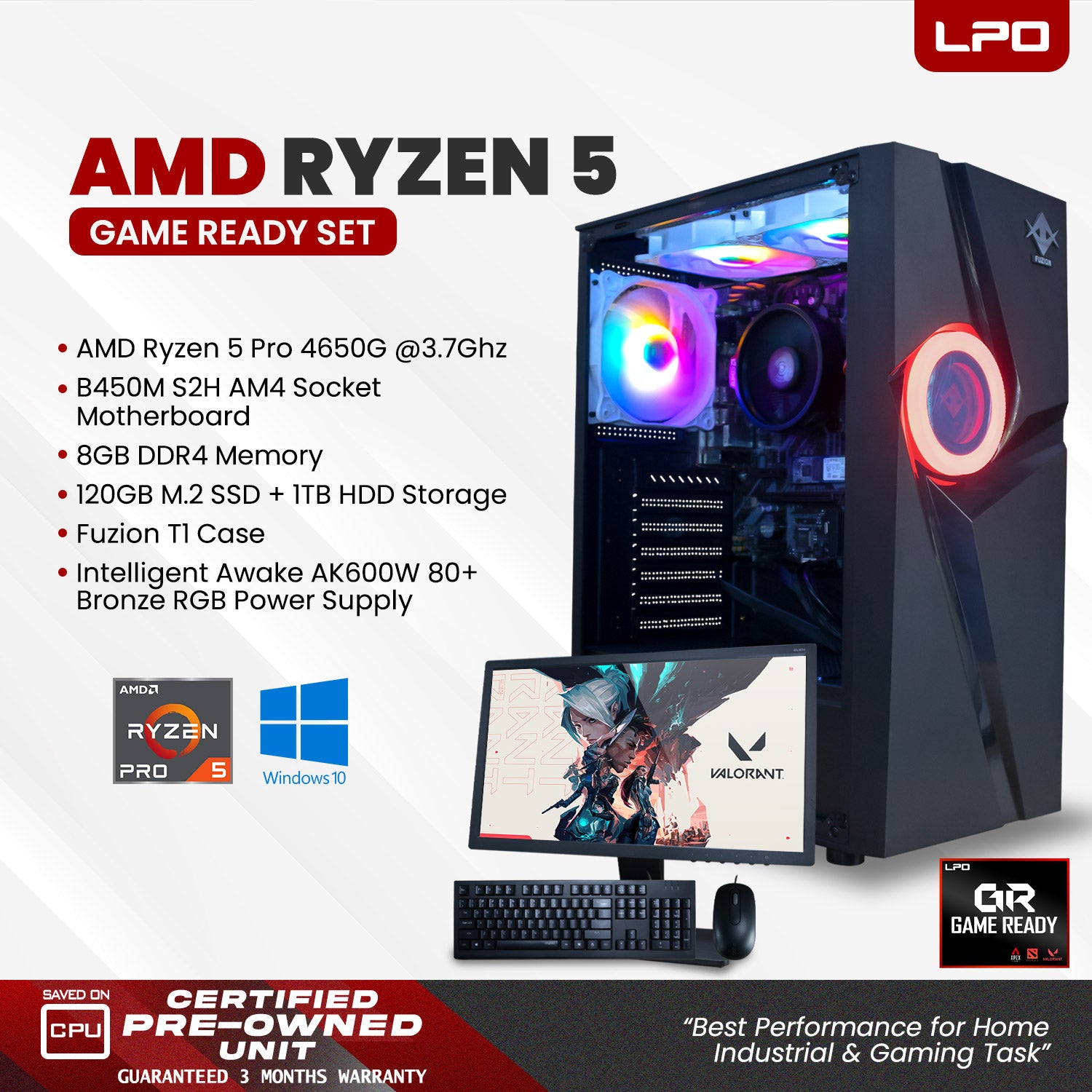Gaming Desktop Computer AMD Ryzen 5 Pro 4650G 3.7Ghz B450M S2H AM4 Socket Motherboard 8GB DDR4 120GB M.2 SSD + 1TB HDD T1 Case AK600W 80+ Bronze RGB Power Supply (Game Ready)
