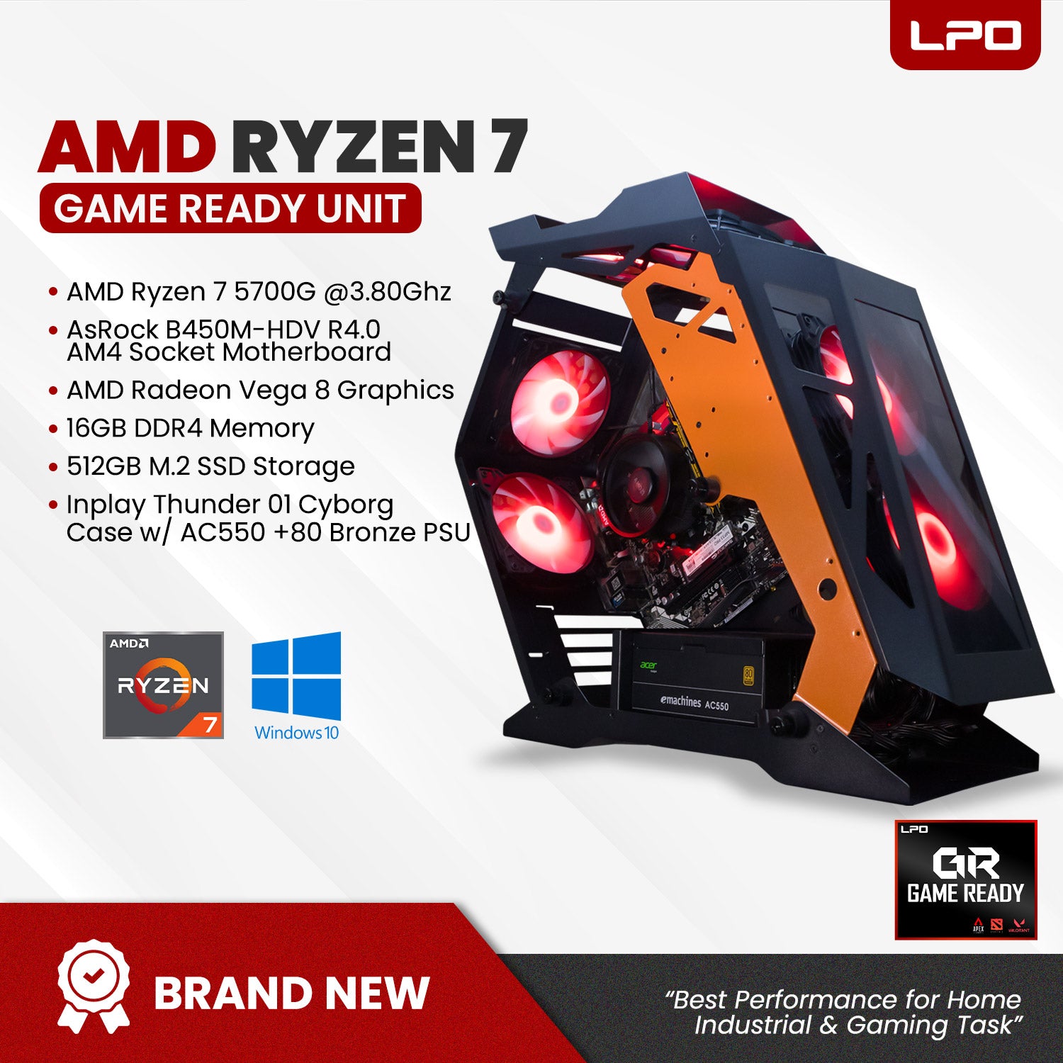 Gaming Desktop Unit AMD Ryzen 7 5700G 3.80Ghz AsRock B450M-HDV R4.0 AM4 Socket Motherboard AMD Radeon Vega 8 16GB DDR4 512GB M.2 SSD Inplay Thunder 01 Cyborg with  AC550+80  Bronze PSU  (Game Ready Unit)