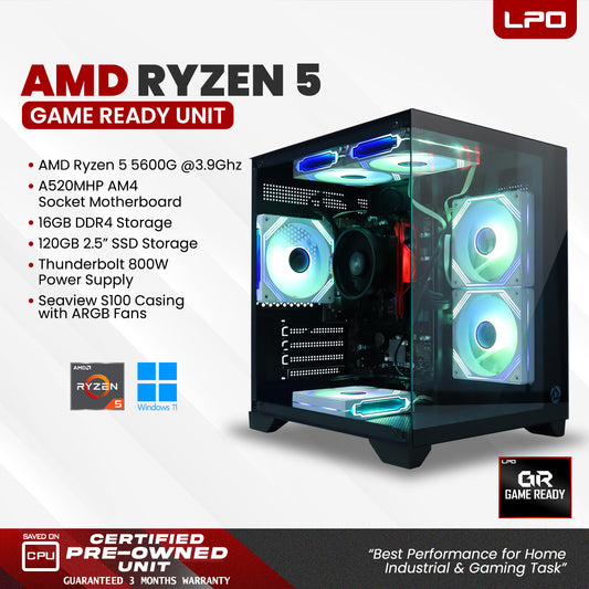 Gaming Unit AMD Ryzen 5 5600G @ 3.9GHz Biostar A520MHP (AM4 Socket) Team Group 16GB DDR4 (2×8GB) 3200MHz 120GB 2.5" SSD Keytech Thunderbolt 800W InPlay Seaview S100 with ARGB Fans