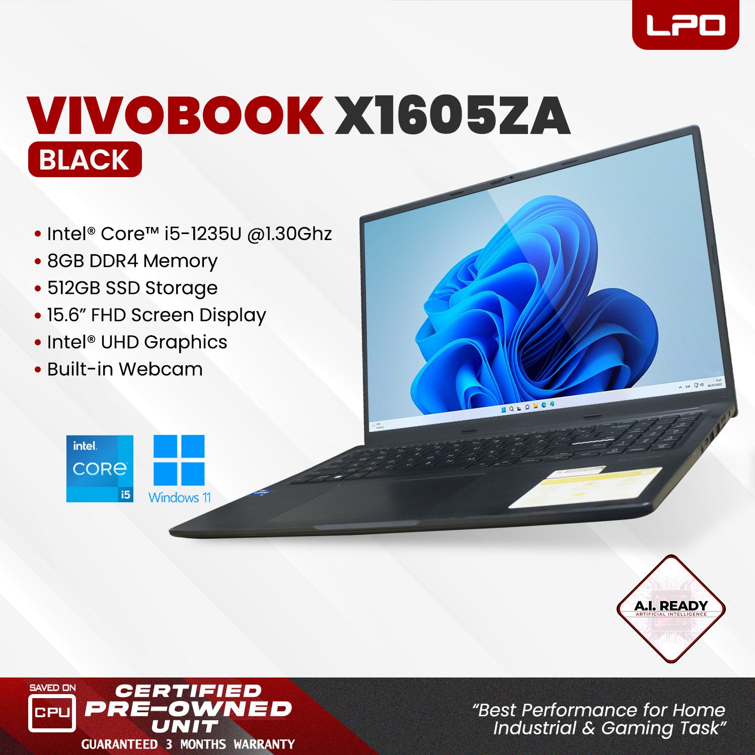 LPO Laptop Asus Vivobook X1605ZA Intel Core i5-1235U @ 1.30GHz 8GB DDR4 512GB SSD Win 11 Home 15.6