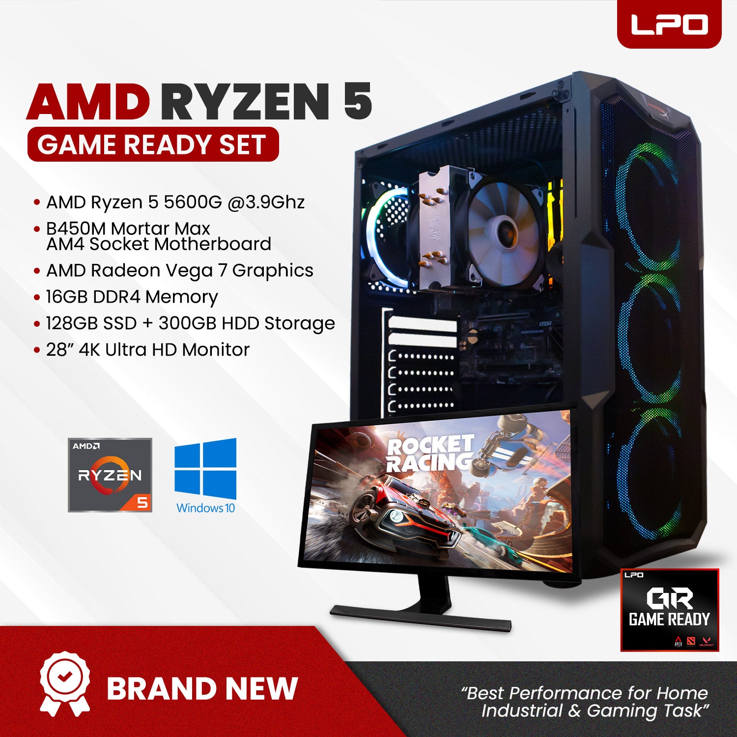 Gaming Desktop Computer AMD Ryzen 5 5600G 3.9Ghz B450M Mortar Max AM4 Socket Motherboard AMD Radeon Vega 7 16GB DDR4 128GB SSD + 300GB HDD 28