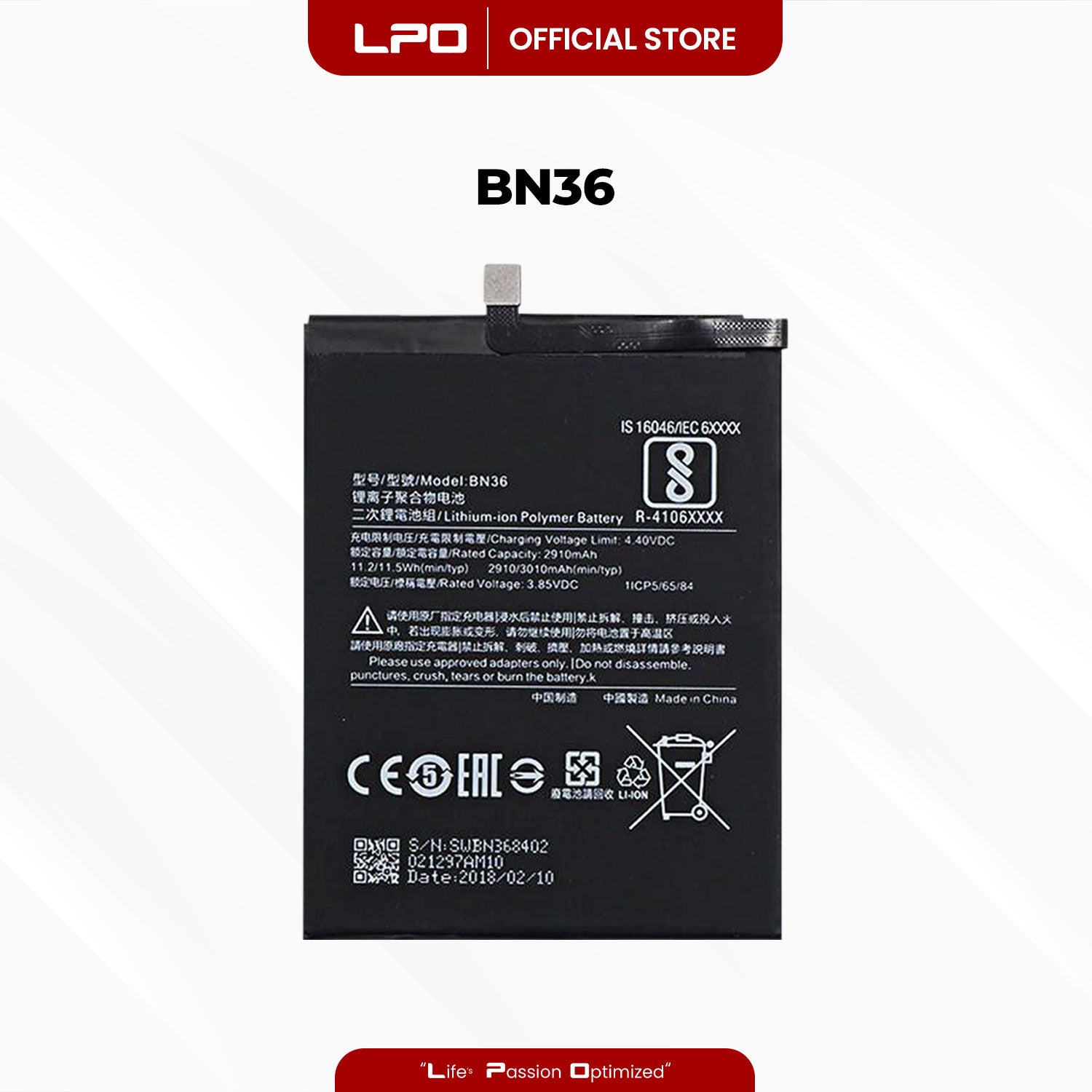 Cellphone Battery Xiaomi Mi A2 (Mi 6X) 2018 BN36 Compatible with M1804D2SG, M1804D2SI, Mi A2, Mi 6X - LPO Laptop PC-Outlet