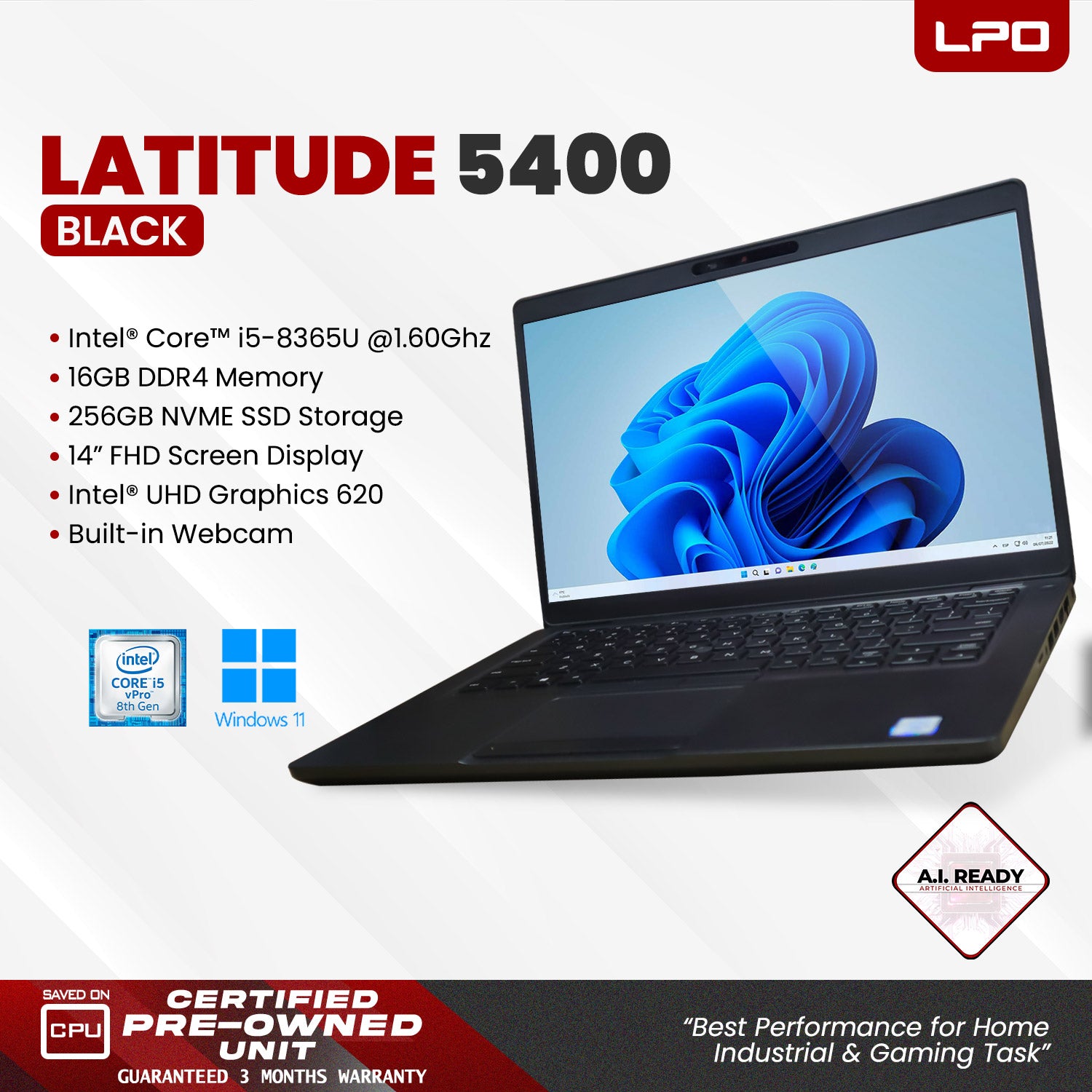 Laptop Dell Latitude 5400 Intel Core i5-8365U 1.60Ghz 16GB DDR4 256GB NVME SSD Intel UHD Graphics 620 14.0