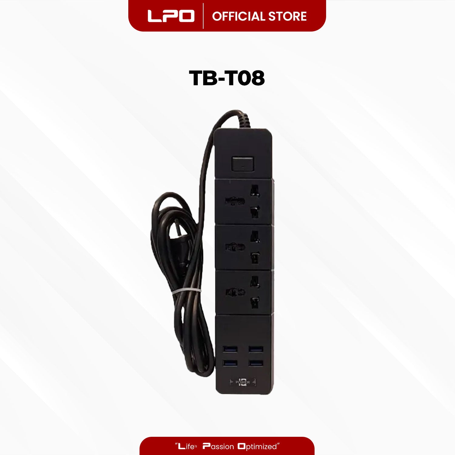 TB-T08 Power Extension 4 USB Port 3 Universal Plug Port with 2500W - 10A / 110 - 250V 5V = 3.1A 2m Length