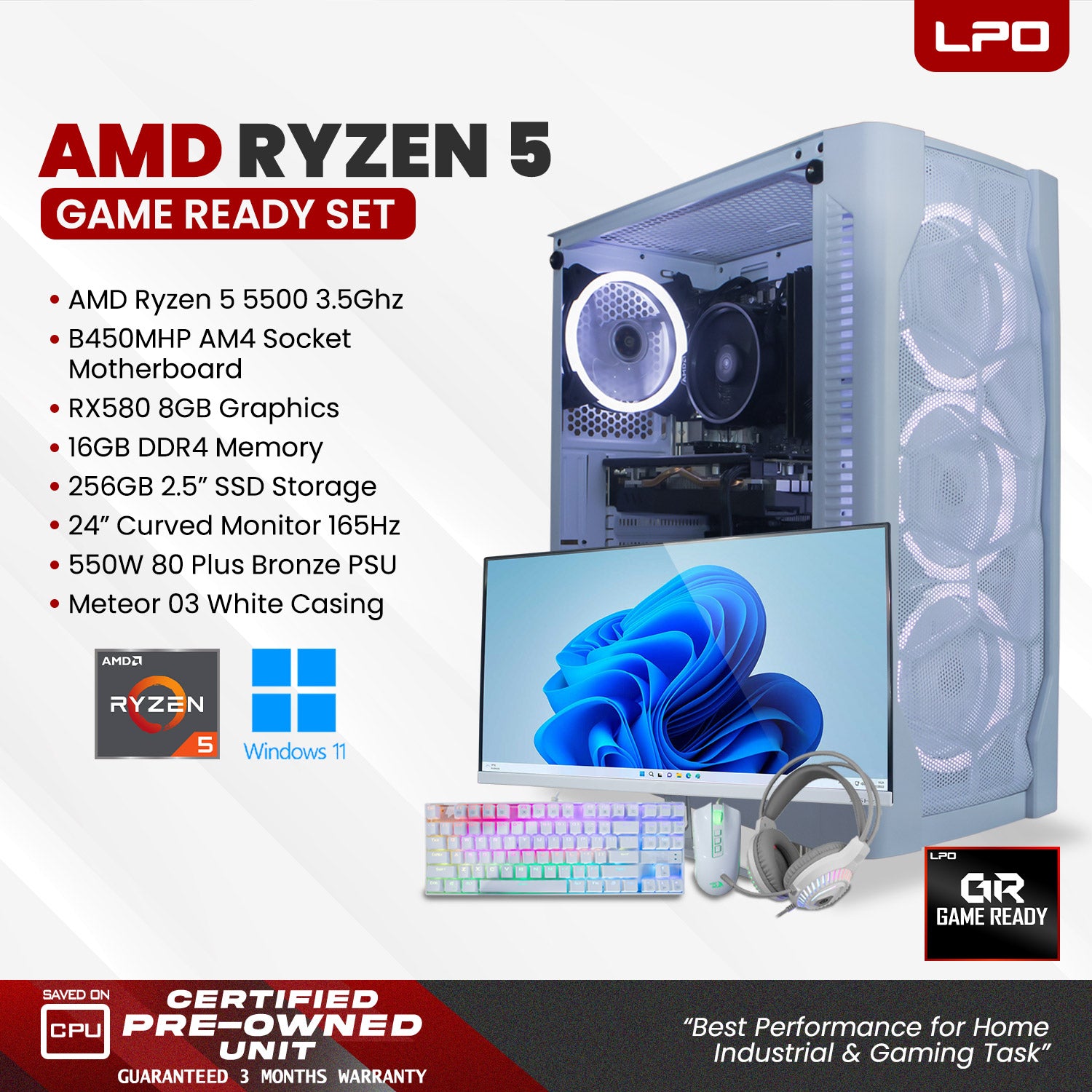 Gaming Desktop Computer AMD Ryzen 5 5500 3.5Ghz B450MHP AM4 RX580 8GB 16GB DDR4 256GB 2.5