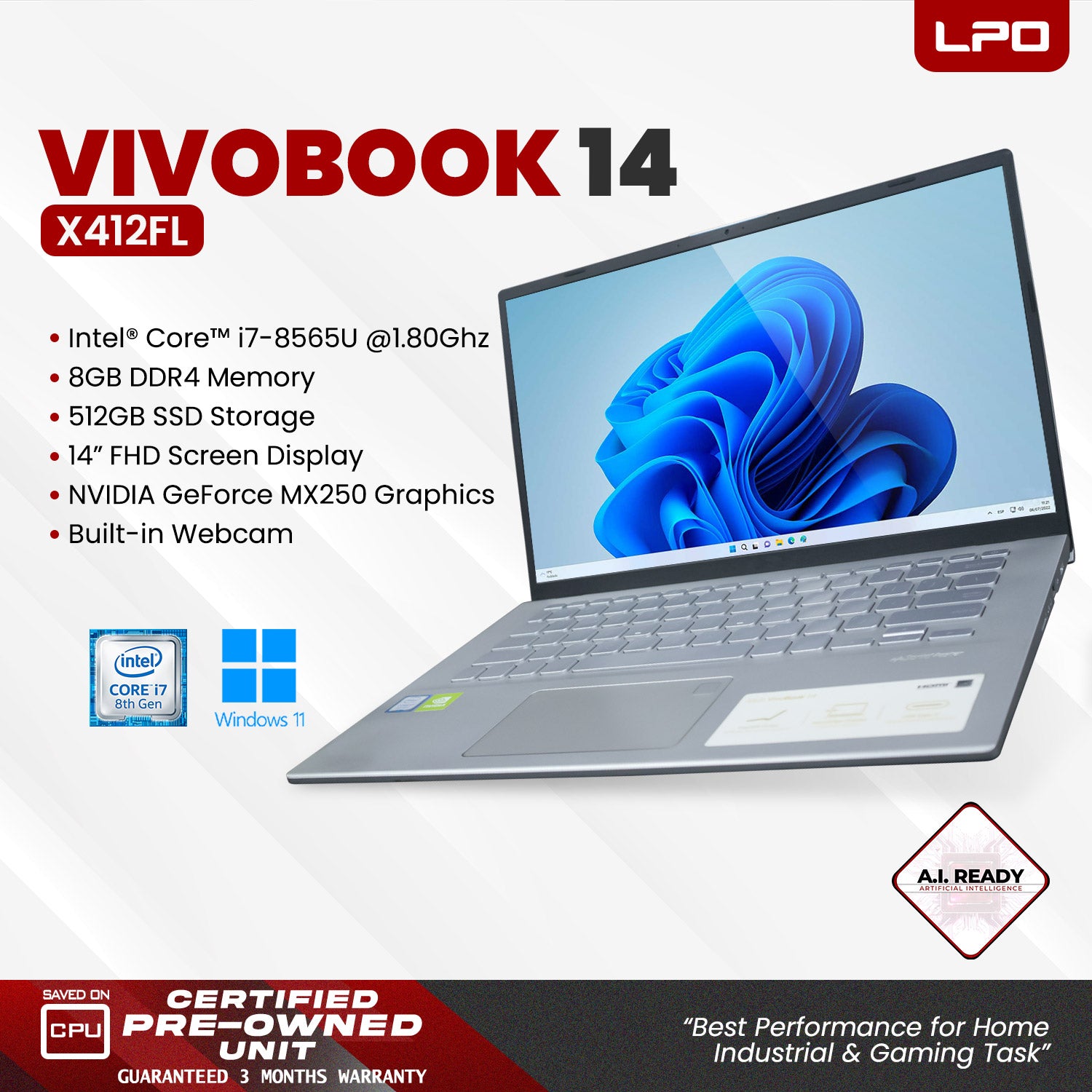 Laptop Asus Vivobook 14 X412FL Intel Core i7-8565U 1.80Ghz 8GB DDR4 512GB SSD NVIDIA GeForce MX250 14.0