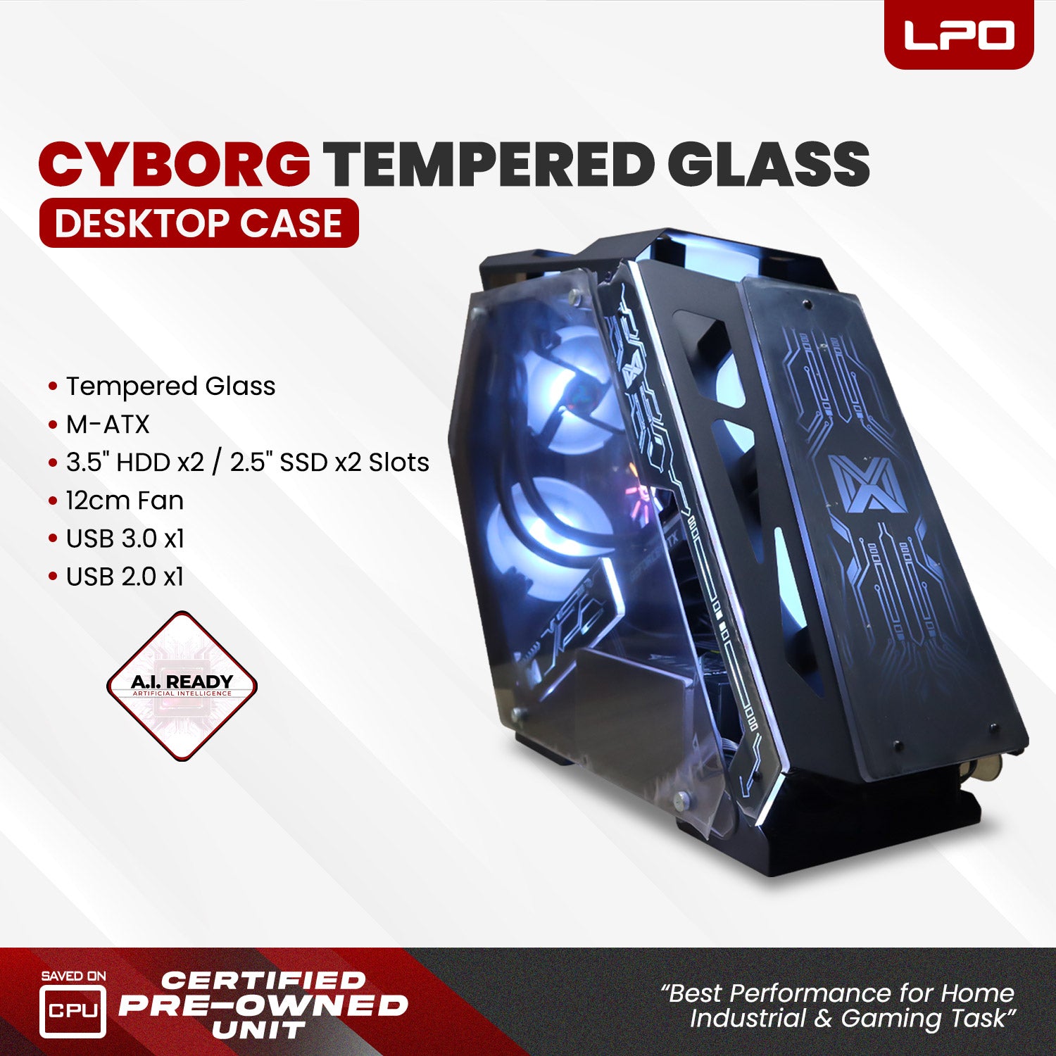 MMA Cyborg M-ATX PC Case Gaming Tempered Glass Desktop Computer Case