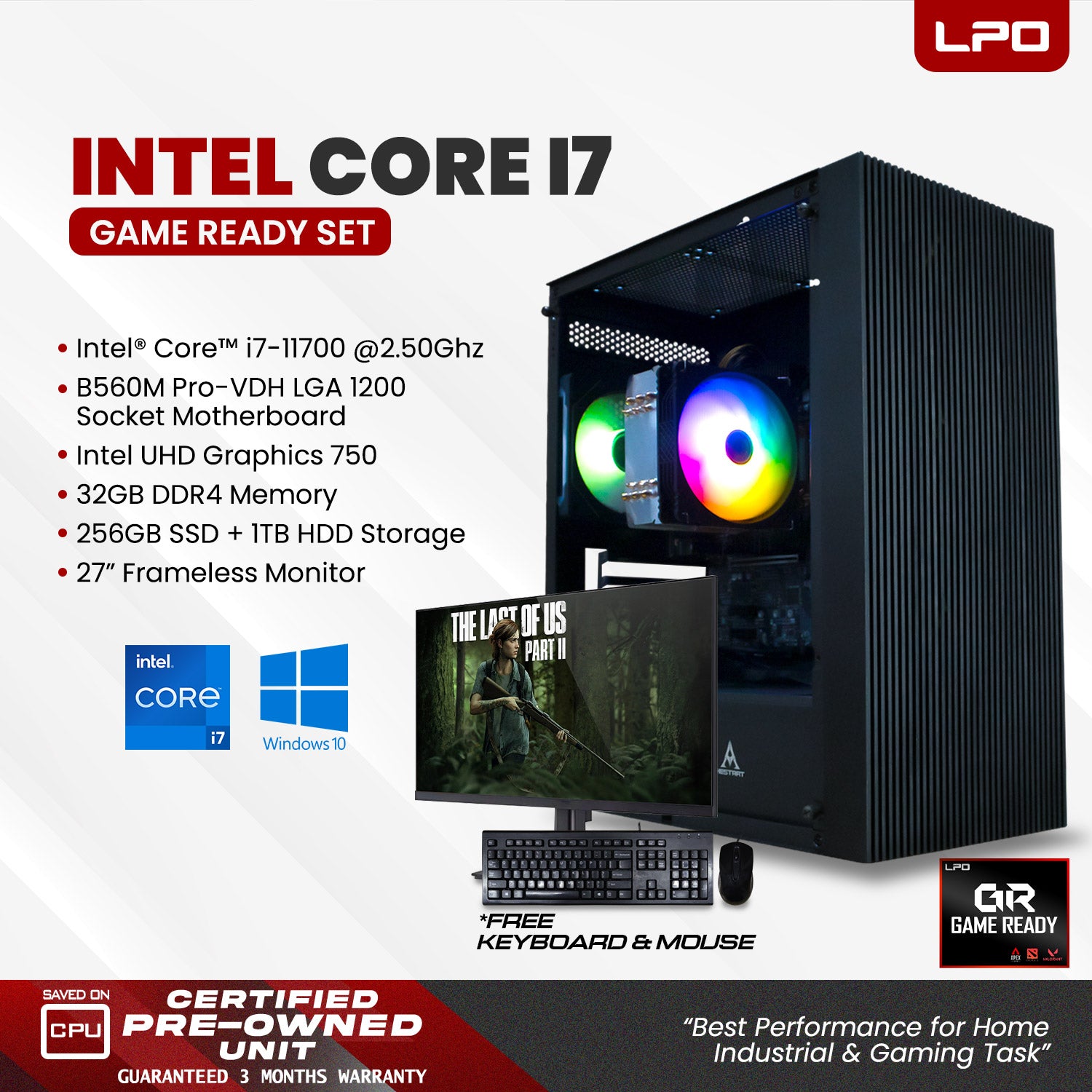 Gaming Desktop Computer Intel Core i7-11700 2.50Ghz MSI B560M Pro-VDH LGA 1200 Socket Motherboard Intel UHD 750 32GB DDR4 256GB SSD + 1TB HDD 27