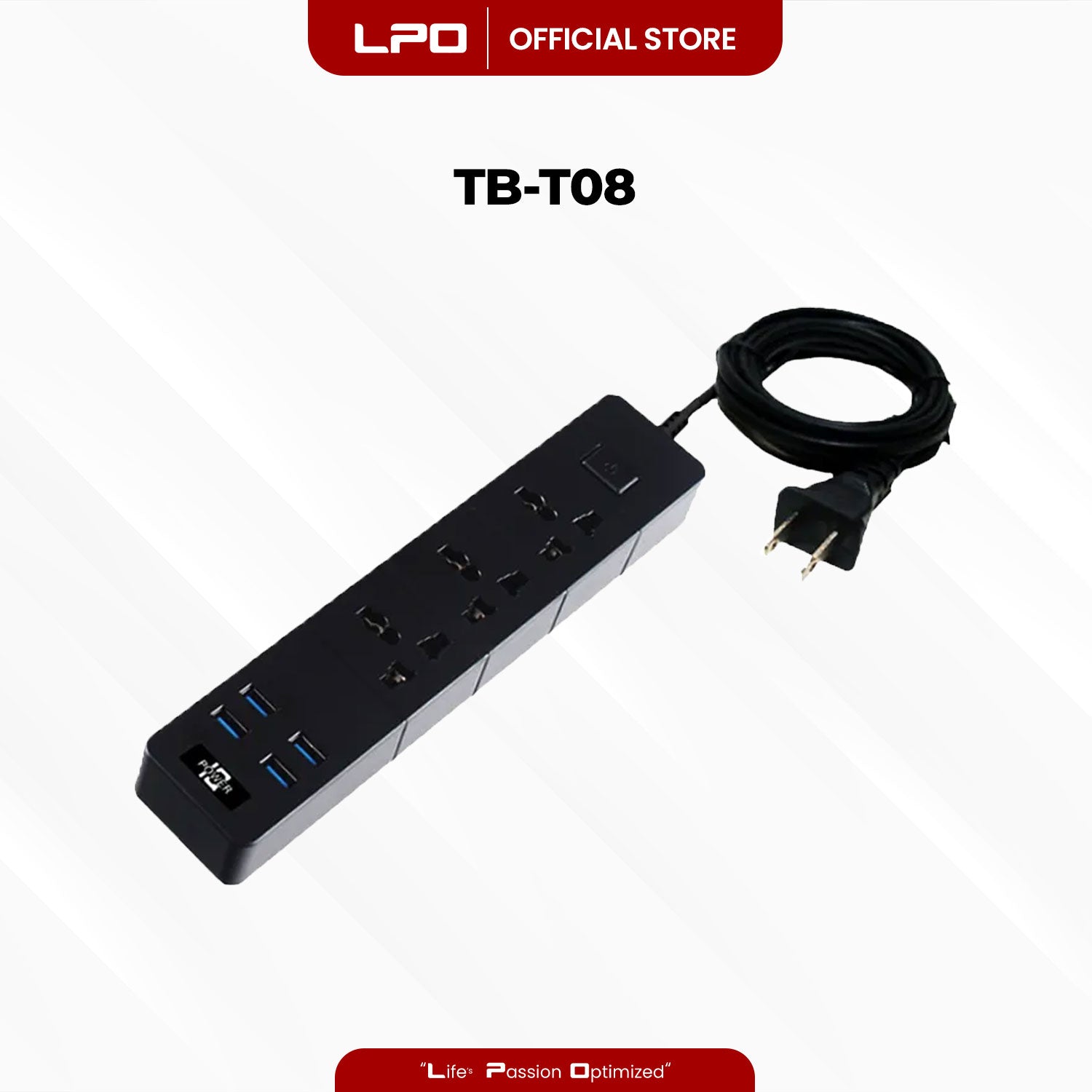 TB-T08 Power Extension 4 USB Port 3 Universal Plug Port with 2500W - 10A / 110 - 250V 5V = 3.1A 2m Length