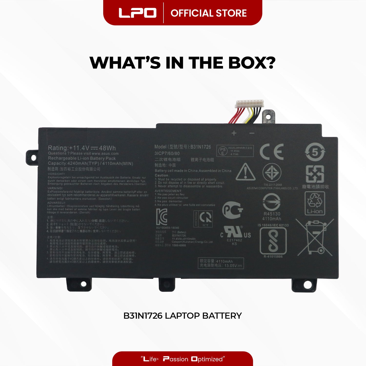 Laptop Battery B31N1726 TYPE A Compatible with ASUS FX80GE8750-1, FX504GE, FX80 - LPO Laptop PC-Outlet