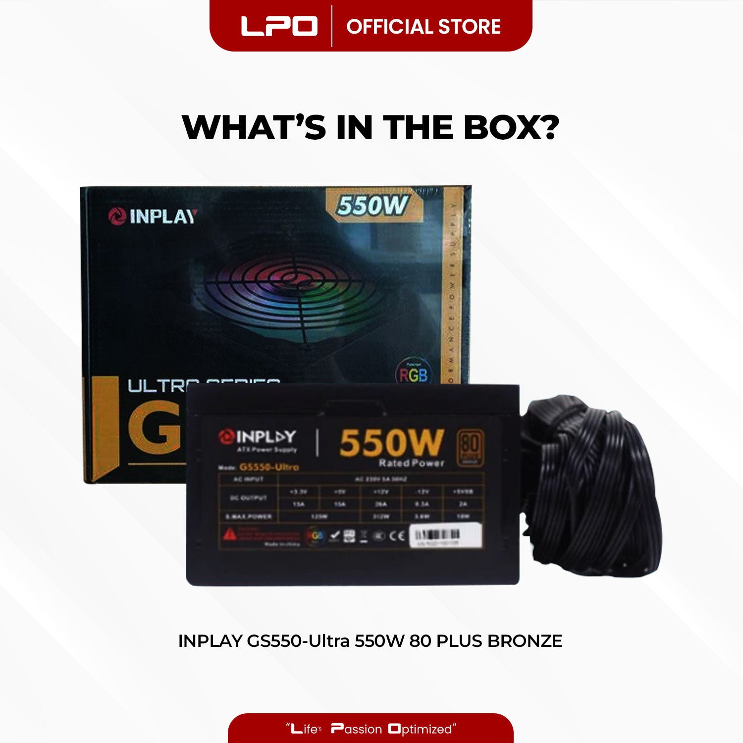 Inplay GS550-Ultra 550W 80+ Bronze RGB Power Supply True-Rated High Performance PSU For CPU Desktop PC Computer