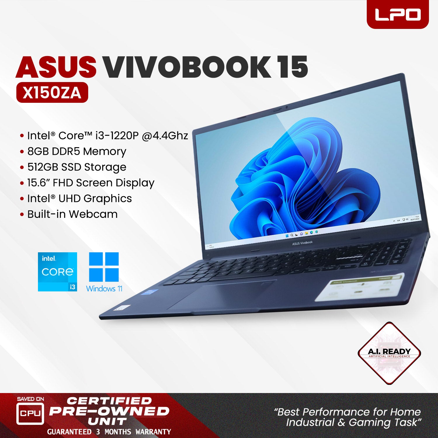 LPO Laptop Asus Vivobook 15 X150ZA Intel Core i3-1220P, 1500MHz 8GB DDR5 512GB SSD Win 11 Pro 15.6