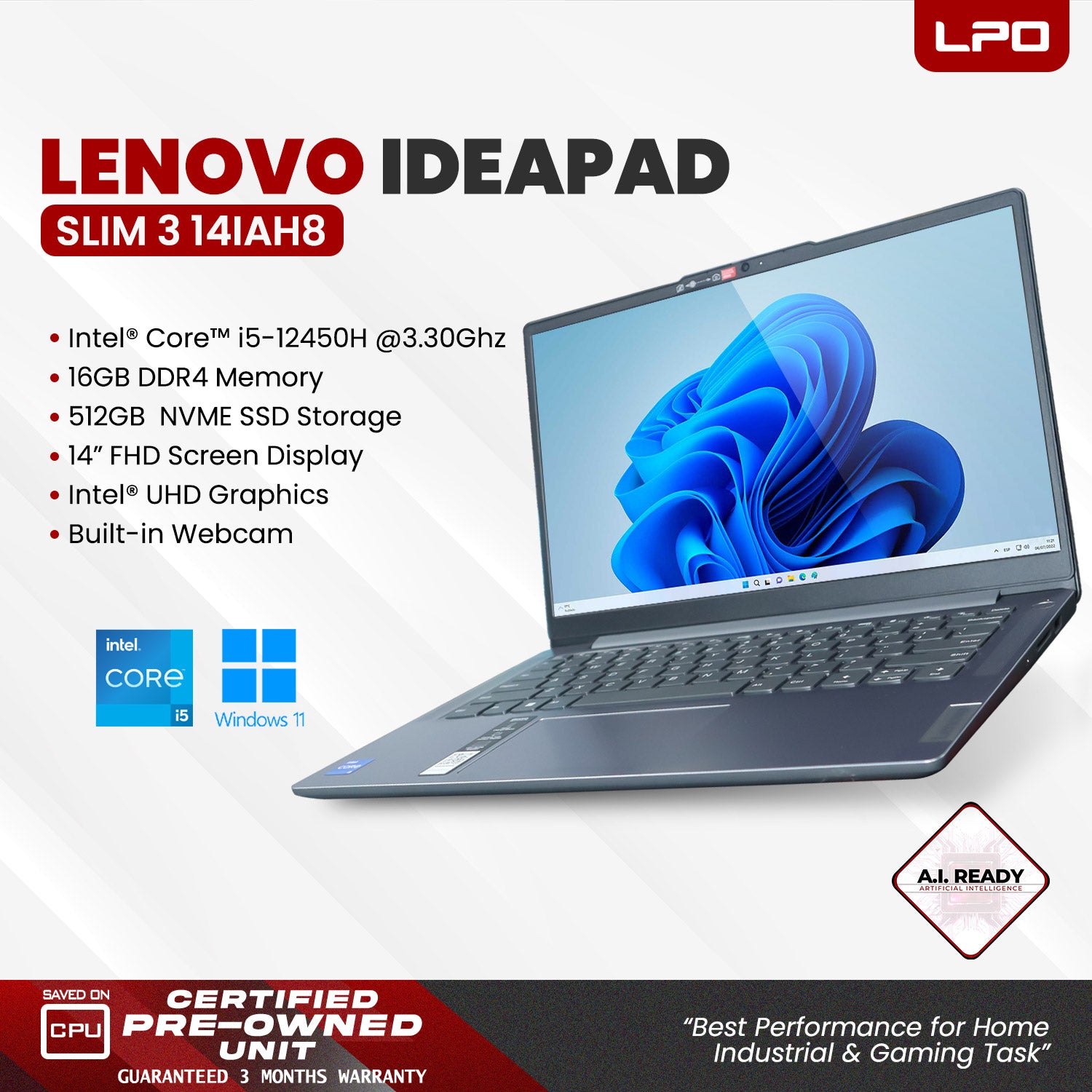 LPO Laptop lenovo Ideapad Slim 3 14IAH8 Intel Core i5-12450H, 2000MHz 16GB DDR5 512GB SSD Win 11 Pro 14.0