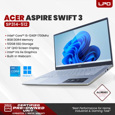 LPO Laptop Acer Swift 3 SP314-512 Intel Core i5-1240P, 1700MHz 12 Core(s)8GB DDR4 512GB SSD Win 11 Home 14.0
