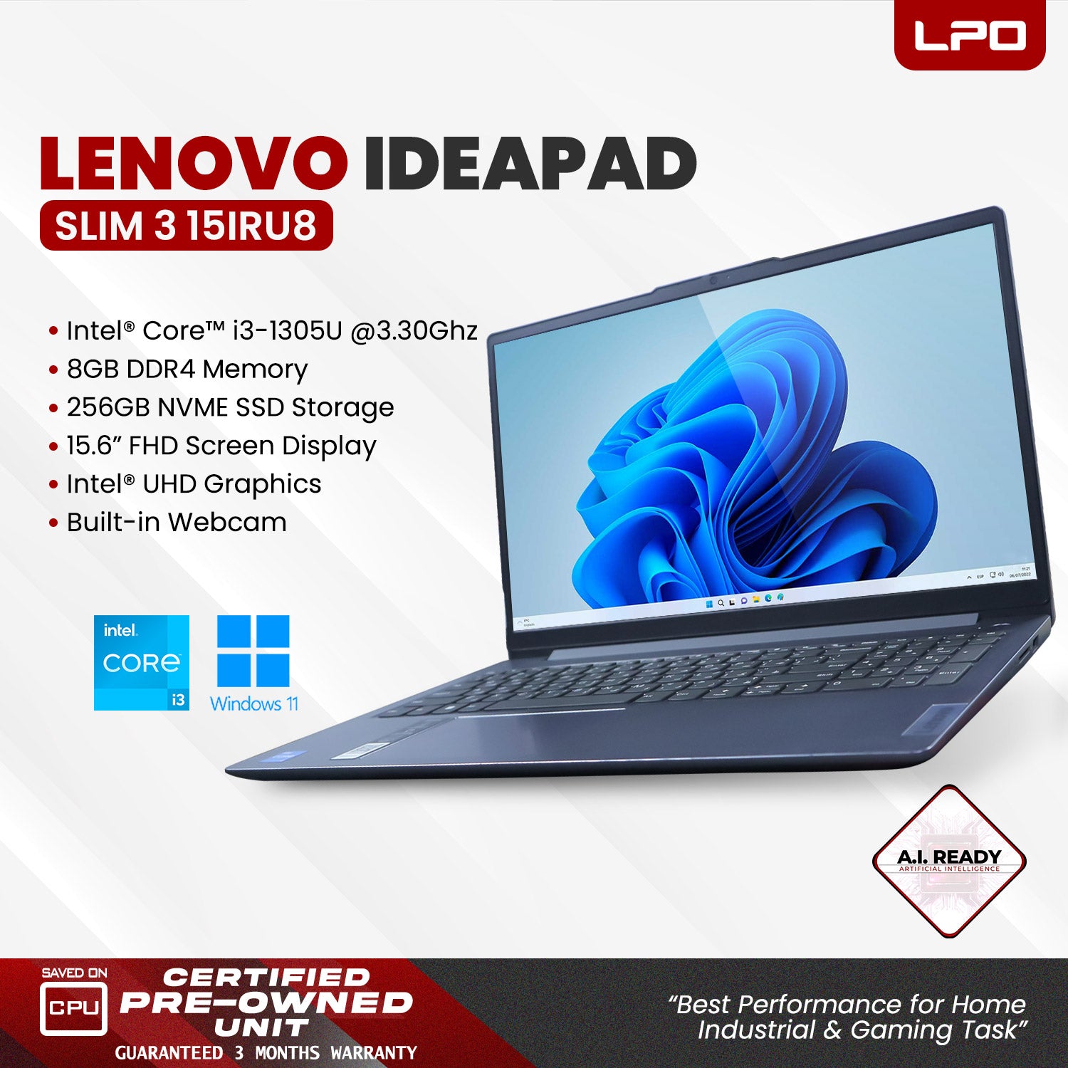 LPO Laptop Lenovo Ideapad Slim 3 15IRU8 Intel Core i3-1305V, 1600MHz 8GB DDR5 256GB SSD NVME Win 11 Pro 15.6