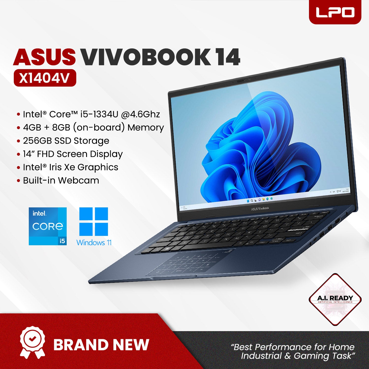LPO Laptop Asus Vivobook 14 X1404V Intel Core i5-1334U @4.6Ghz 256GB SSD 4GB + 8GB(on board) DDR4 Intel Iris Xe 14.0 inch FHD Windows 11 Home